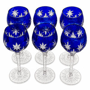 Set of 6 Horst Belda Stars of Midnight Cobalt Blue Cut Crystal Wine Glasses